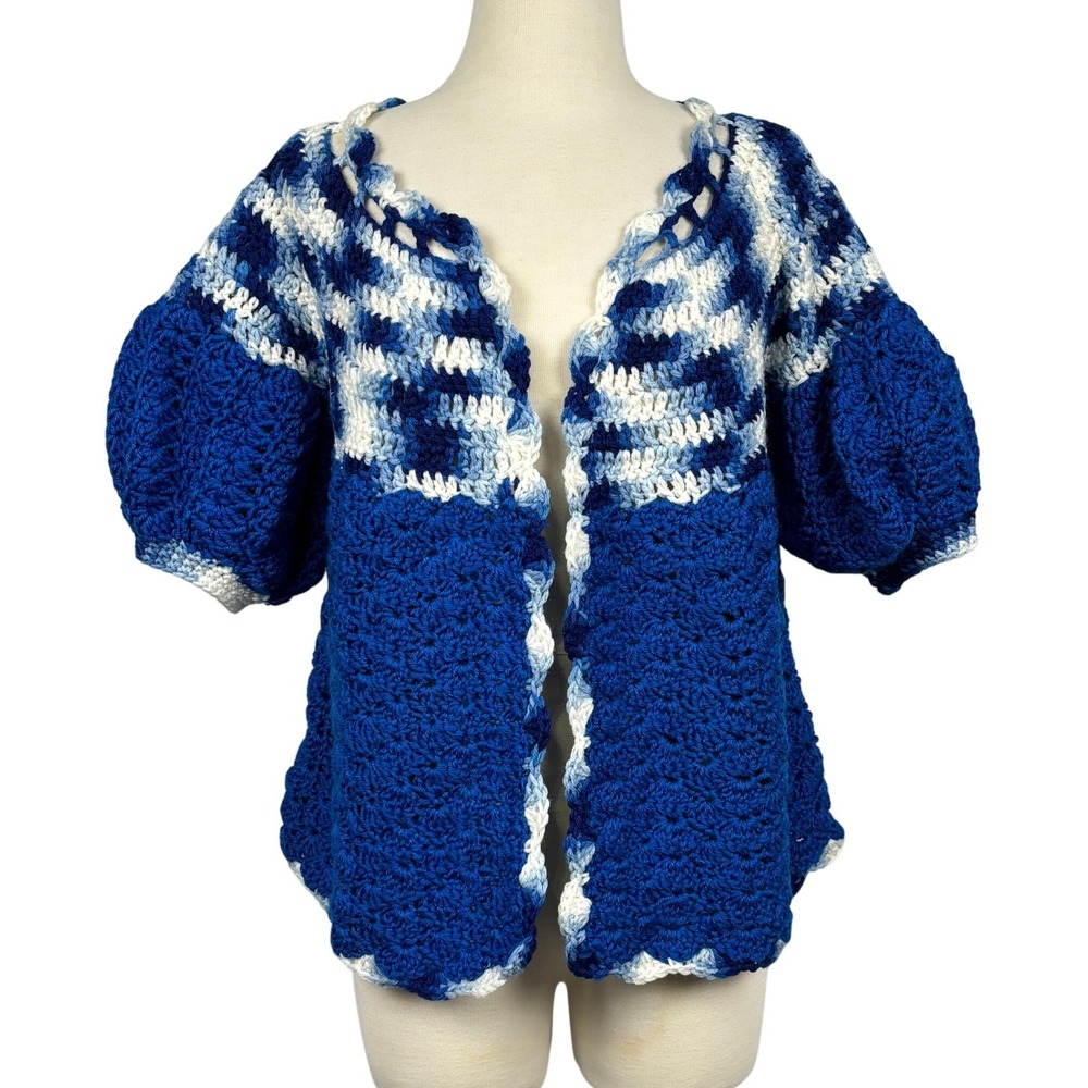 Handmade Crochet Cardigan Blue White Puff Sleeve Open Front Boho Sweater